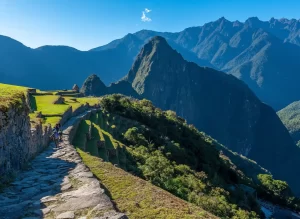 Último tramo del Camino Inca hacia Machu Picchu con el Huayna Picchu al fondo