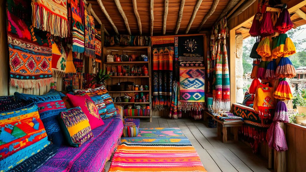 Interior de una casa andina decorada con textiles, cojines y tejidos de colores