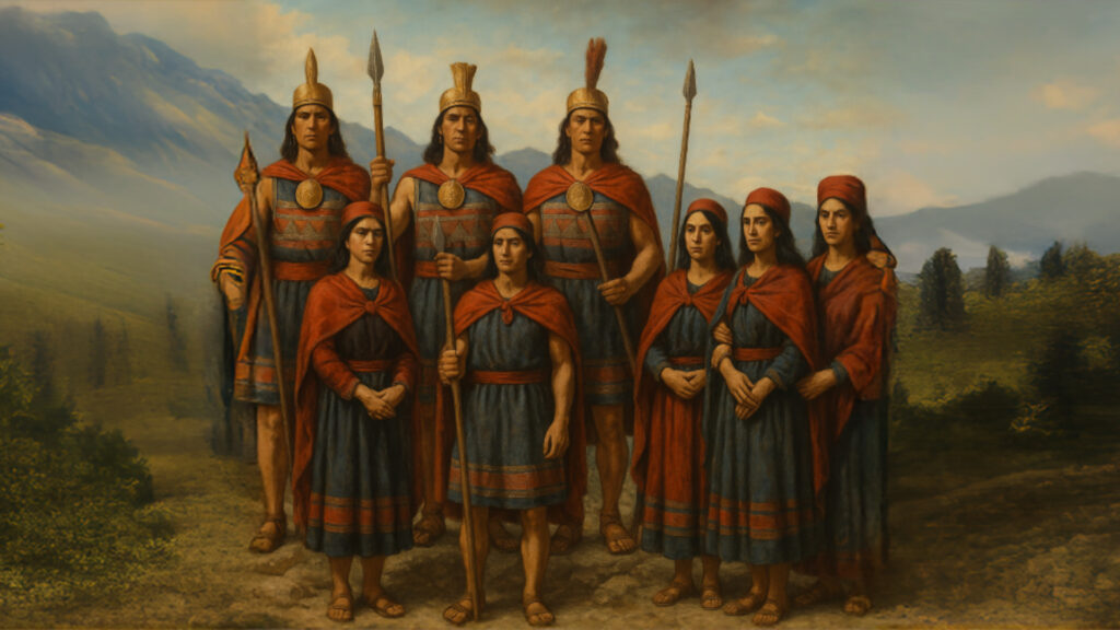 Representación de los hermanos Ayar con sus esposas en un paisaje andino del Cusco