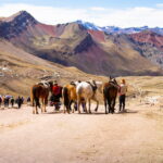 Viajeros y pobladores locales con caballos en la ruta a Vinicunca, promoviendo el Turismo Responsable en Cusco - Cusco tu Destino Travel