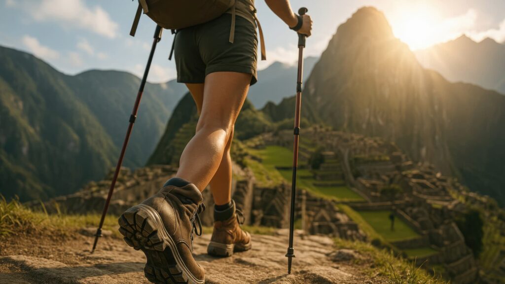 Excursionista llega a Machu Picchu al amanecer tras completar el Camino Inca de Huchuy Qosqo, con vistas a la ciudadela y la montaña Huayna Picchu.