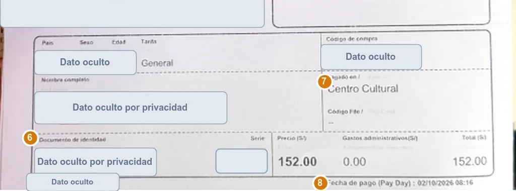 Parte inferior de un boleto de Machu Picchu comprado en el Centro Cultural, con los datos del pasajero ocultos, el precio y la fecha de pago