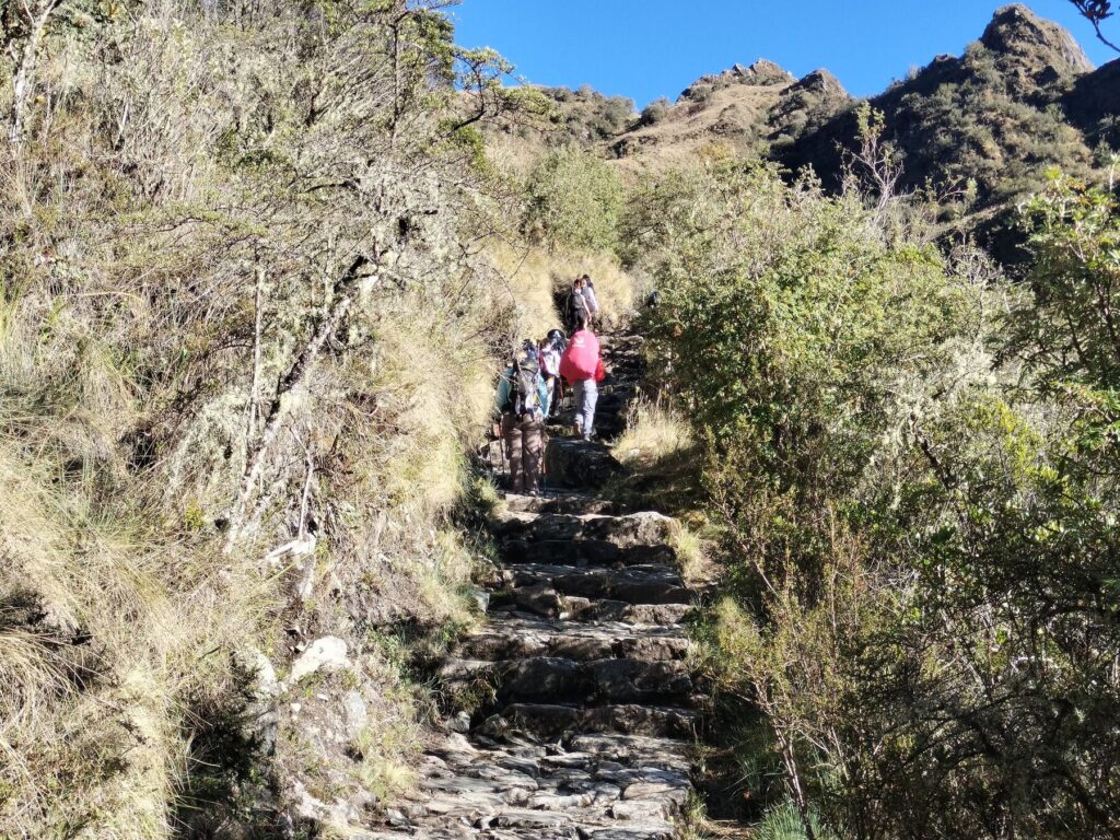Caminantes con mochila subiendo una escalinata del Camino Inca