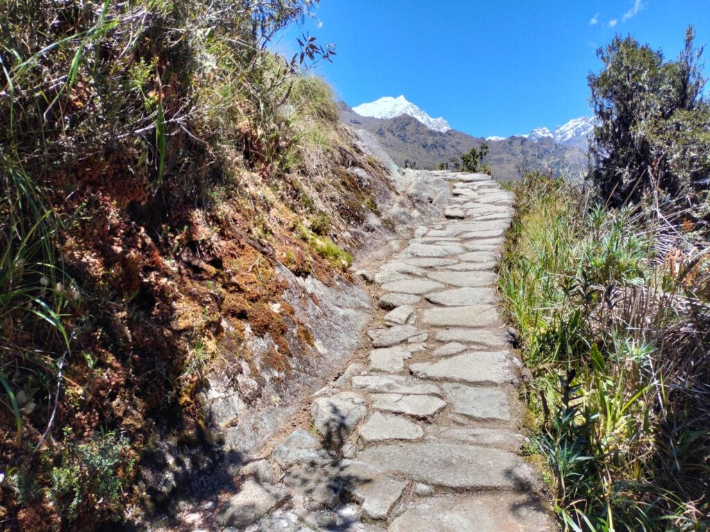 Sendero empedrado del Camino Inca en subida con montañas nevadas