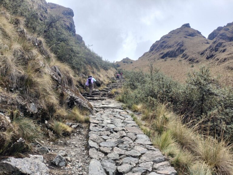 Caminantes en la subida al paso de Warmiwañusca, el punto más alto del Camino Inca