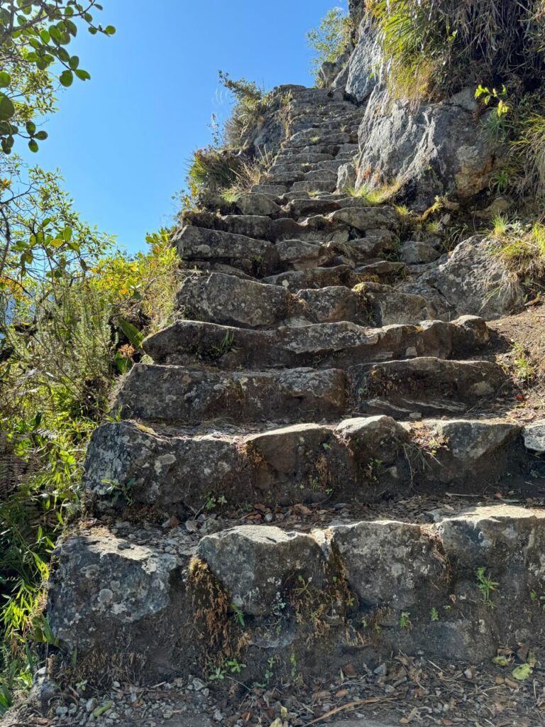 Escalones de piedra del sendero inca a la Montaña Machu Picchu