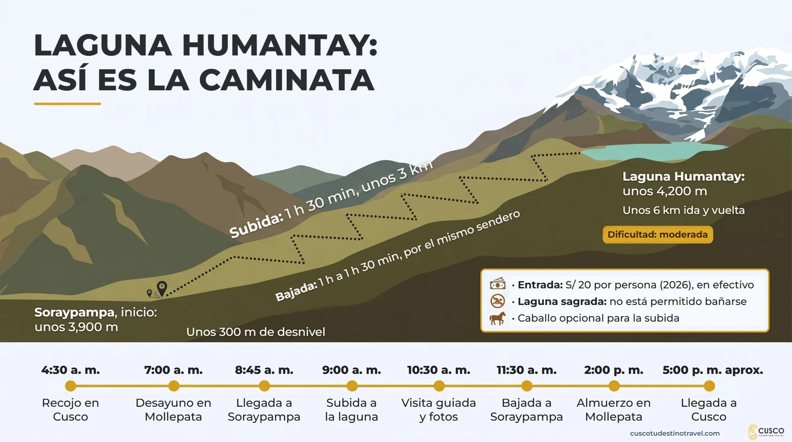 Infografía de la caminata a la Laguna Humantay: de Soraypampa (unos 3,900 m) a la laguna (unos 4,200 m), 1 h 30 min de subida, unos 6 km ida y vuelta, y horario del día de 4:30 a. m. a 5:00 p. m.