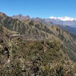Sayacmarca sobre su promontorio, con la cordillera nevada al fondo
